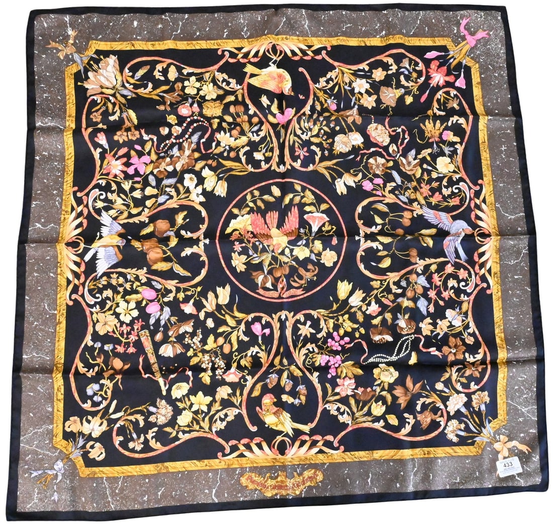 Hermes Paris "Pierres d'Orient et d'Occident" Silk Scarf: Hermes Paris "Pierres d'Orient et d'Occident" Silk Scarf in black, brown, and gold, by Zoe Pauwels 1988 35" x 35"