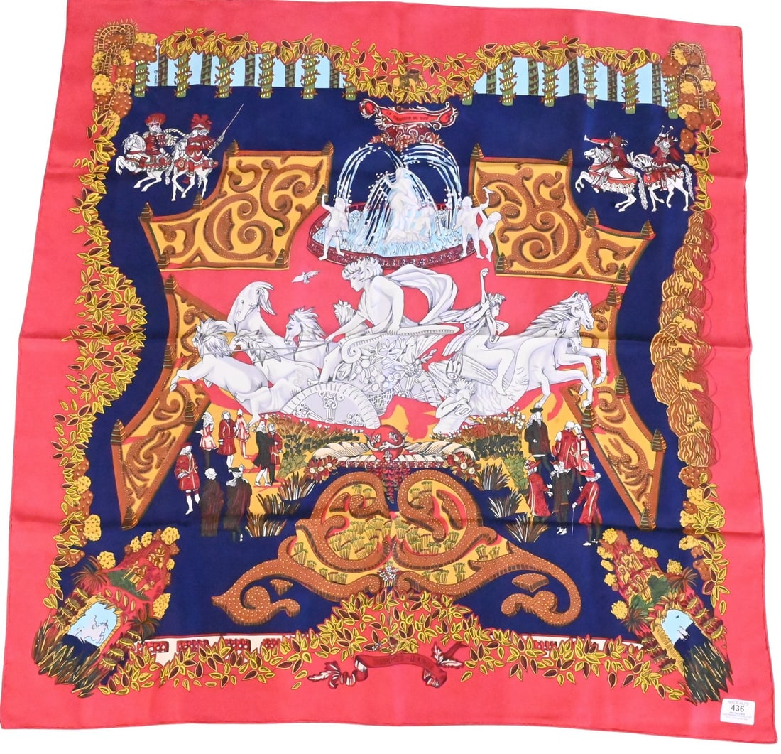 Hermes Paris "Le Paradis du Roy" Silk Scarf: Hermes Paris "Le Paradis du Roy" Silk Scarf in red/pink, navy blue, and gold, by Annie Faivre 1989 35" x 35"