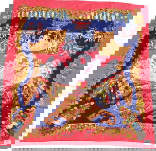 Hermes Paris "Le Paradis du Roy" Silk Scarf: Hermes Paris "Le Paradis du Roy" Silk Scarf in red/pink, navy blue, and gold, by Annie Faivre 1989 35" x 35"