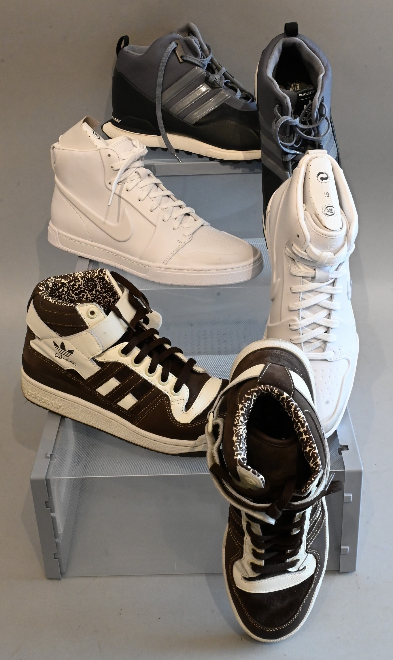 Three Pairs of Men's Sneakers: Three Pairs of Men's Sneakers Adidas Sneakers Originals Forum Mid Lux Flavours of the World in Brown and White Almost new with few marks and scuffs Size 8.5 Adidas Sneakers Porsche 911 S Mid "Metal" i