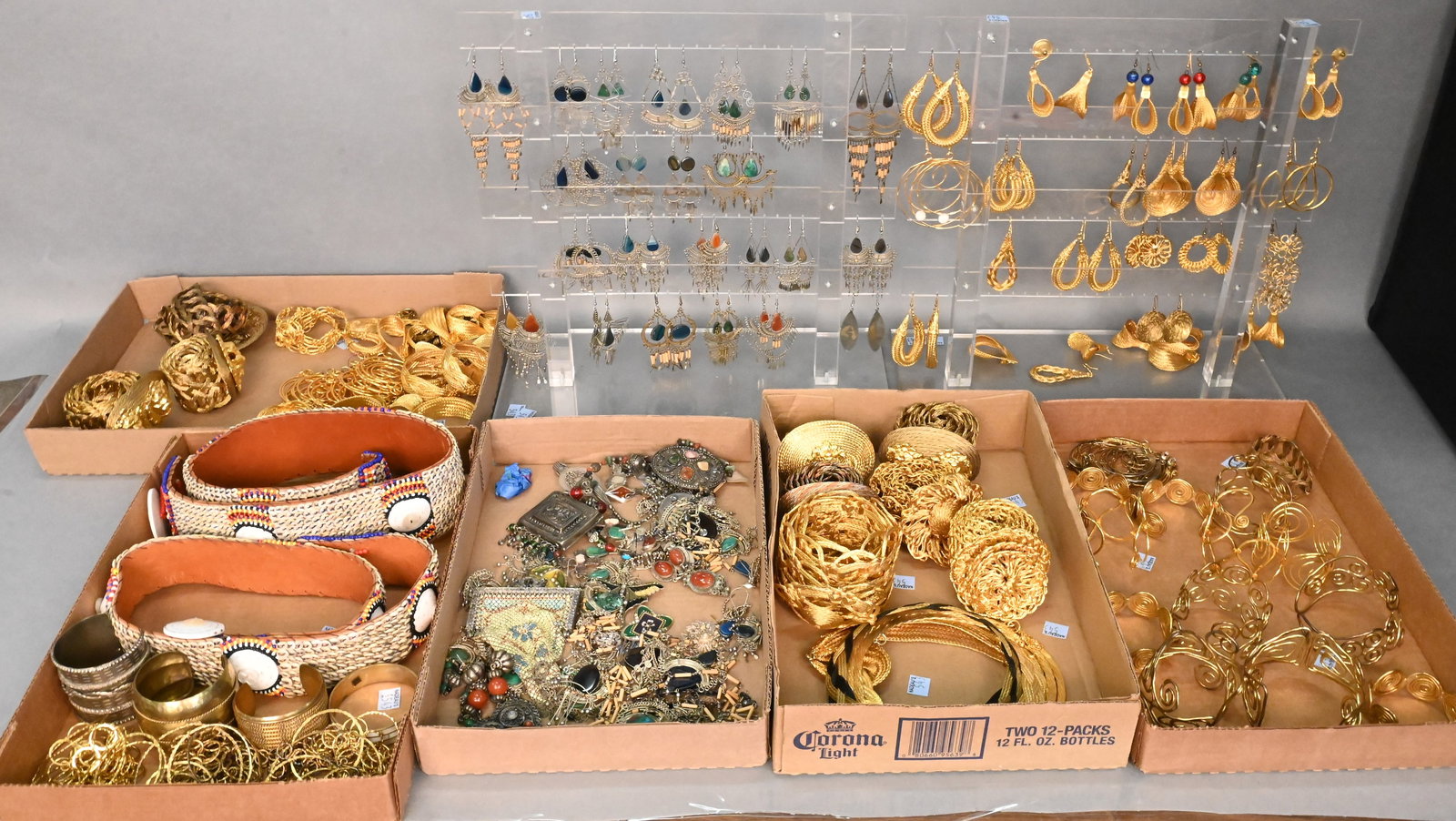 Seven Tray Lots of Costume Jewelry, Belts, and Two Displays of Earrings (1 of 8)