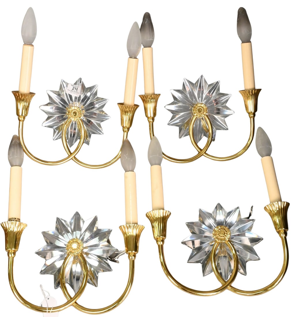 Two Pairs of J. Randall Powers "Huntington Double Sconce" in Brass and Crystal (1 of 6)