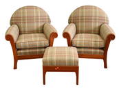 Pair of Thomas Shackleton Custom Cherry Upholstered Easy Chairs having Foot Stool