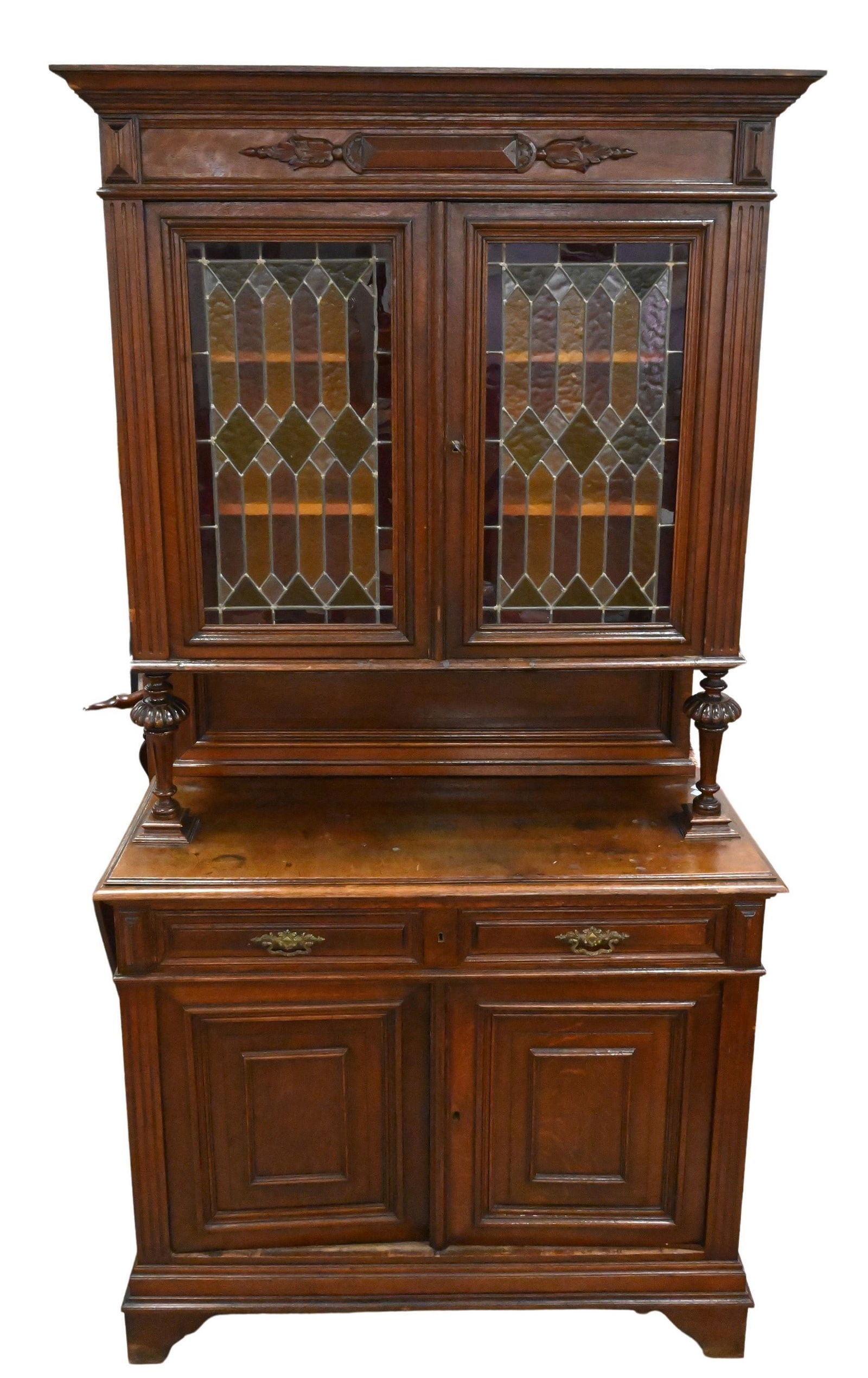 Oak  Two  Part  Cabinet  with  Leaded  Stained  Glass  Doors (1 of 4)