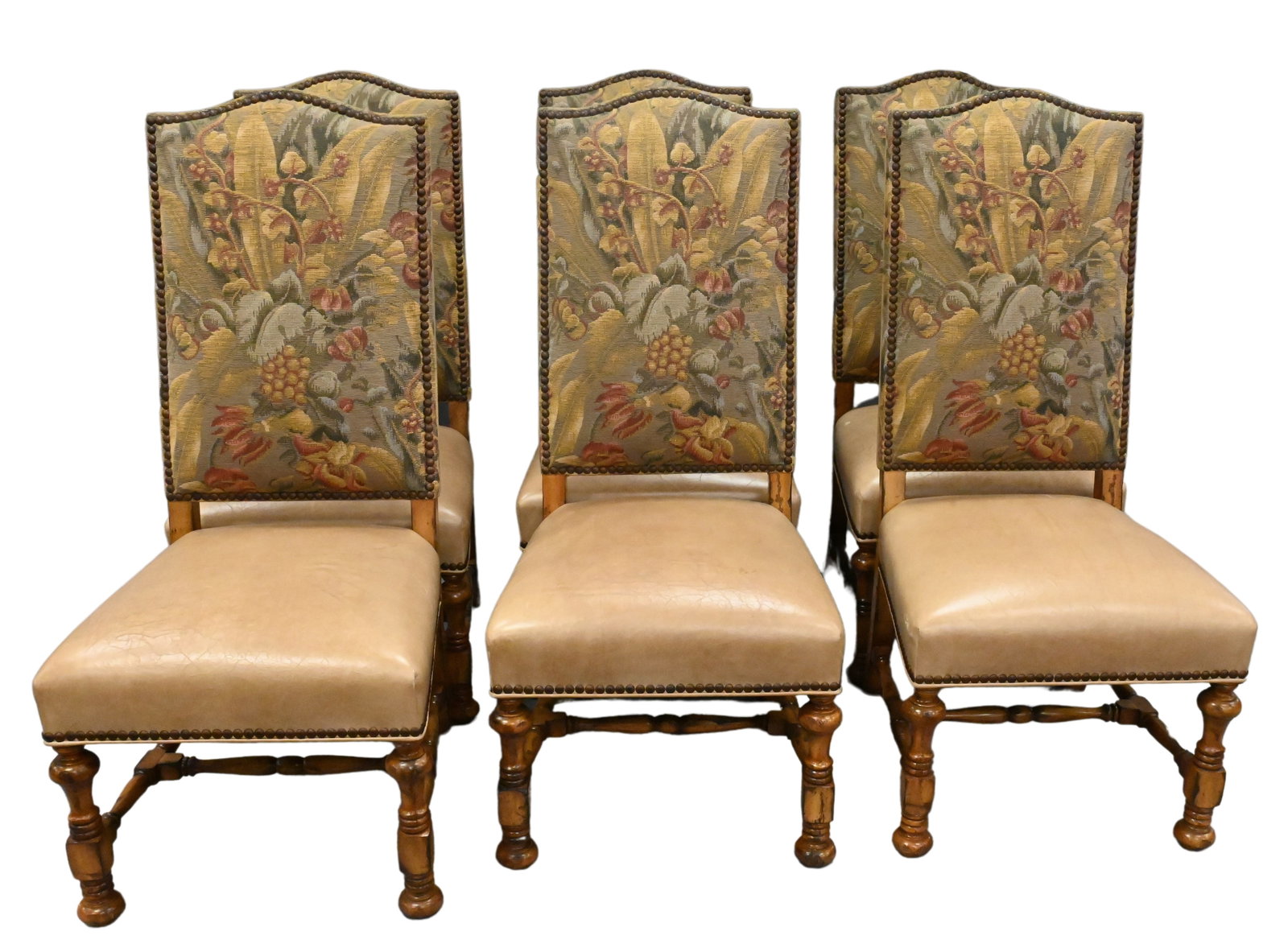 Set of Six Dining Chairs having Leather Seats and Tapestry Style Backs: Set of Six Dining Chairs having Leather Seats and Tapestry Style Backs height 48 inches