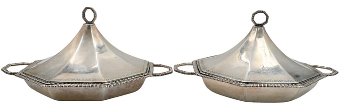 Pair of Early English Sterling Silver Covered Tureens