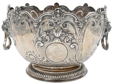 Monumental English Sterling Silver Monteith Lion Handle Bowl