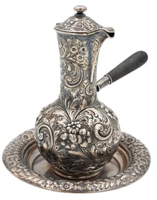 J.E. Caldwell Sterling Silver Repousse Chocolate Pot and Underplate