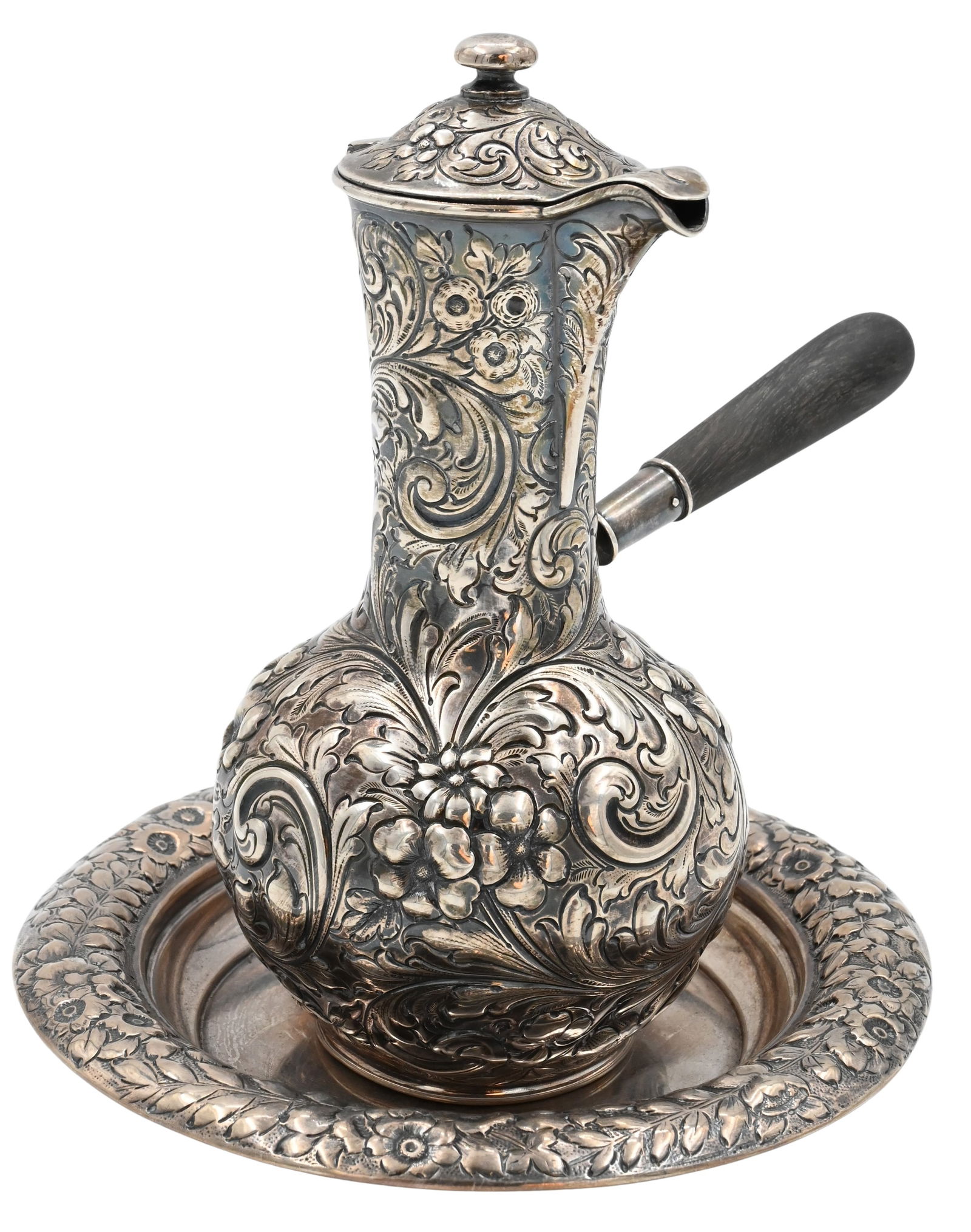 J.E. Caldwell Sterling Silver Repousse Chocolate Pot and Underplate (1 of 7)
