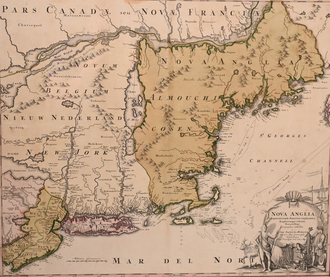 Johann Baptist Homann (German 1664-1724): Johann Baptist Homann (German 1664-1724) "Nova Anglia" (New England) circa 1716 Hand colored map engraving on two pages of New England, parts of Canada (New France) featuring Native American and Europ