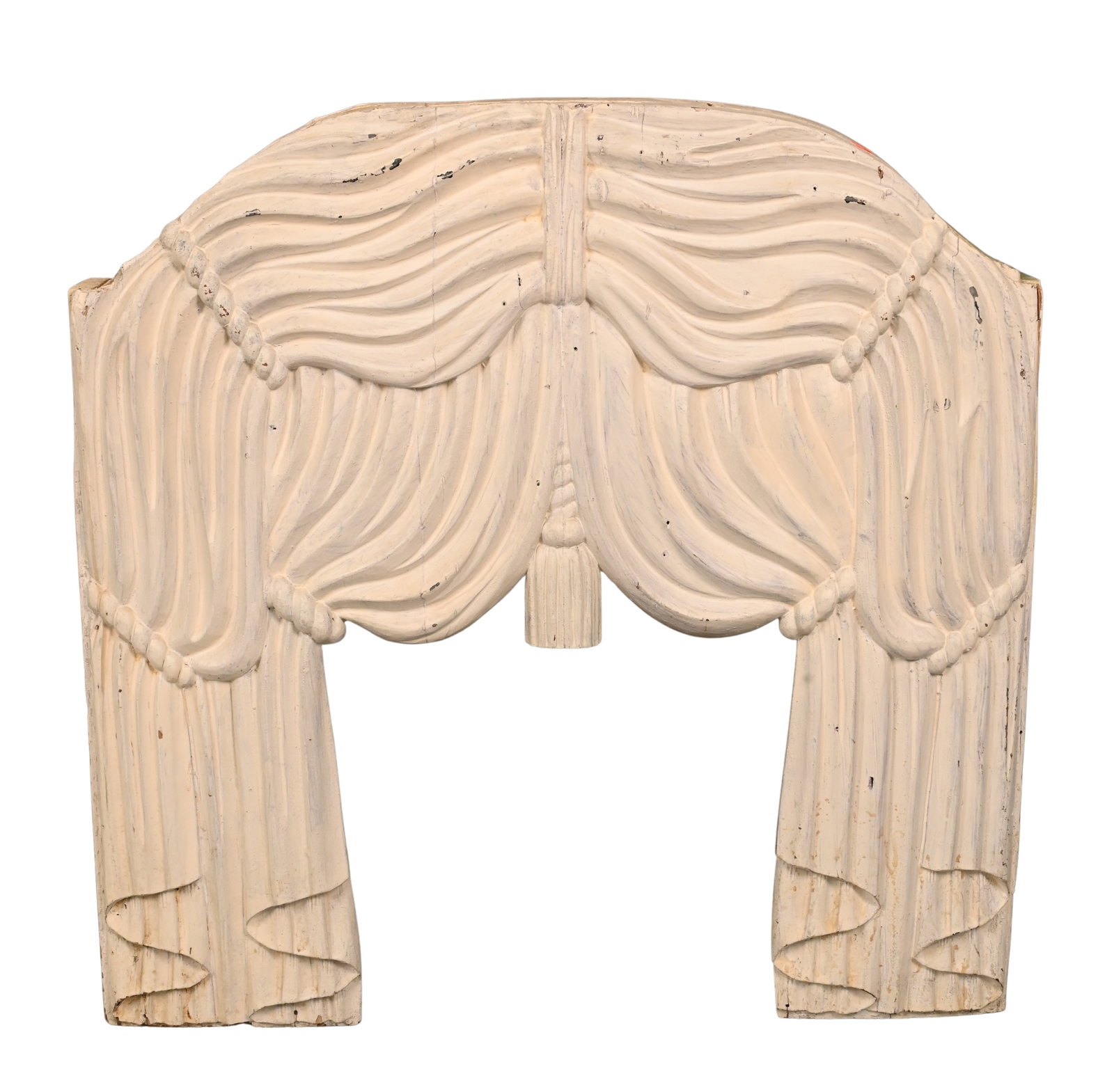 Carved and Painted 19th Century Hearse Curtain: Carved and Painted 19th Century Hearse Curtain American folk art, white paint, hand carved pleats, folds and rope motif 35" x 34"