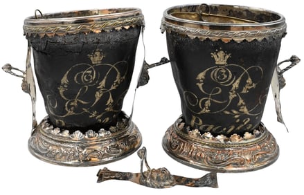 Pair of Regency Silver Plate and Leather Fire Buckets