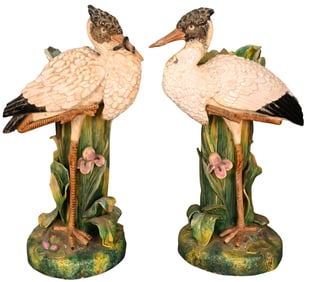 Pair of "William Schiller and Sons" Majolica Stork or Heron Vases