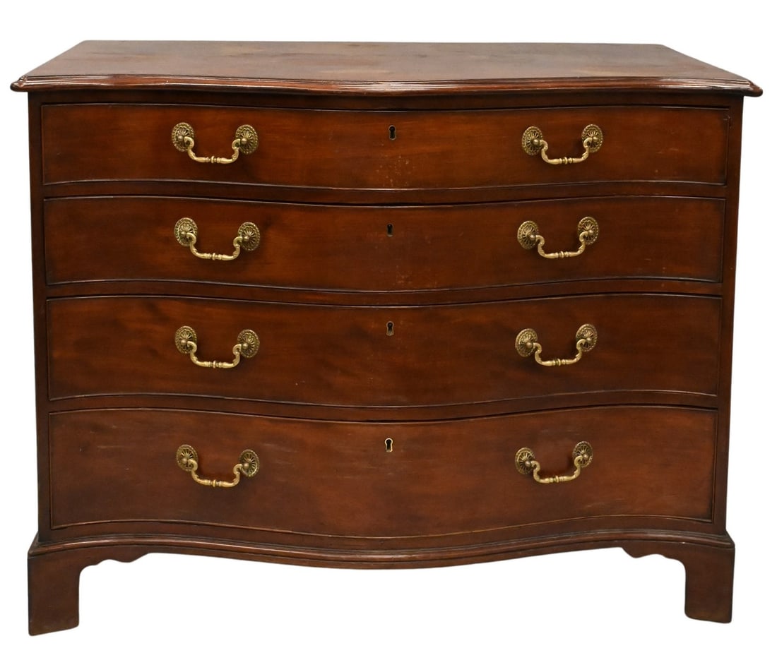 George III Mahogany Chest: George III Mahogany Chest having serpentine top over conforming four drawers set on cut out bracket feet height 33 inches, top 24" x 42" Provenance: Estate of M'Liss Crotty Chapman, Westerly, Rhode Is