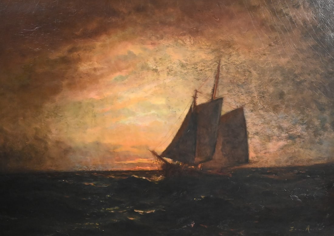 Edward Moran (British/American 1829-1901): Edward Moran (British/American 1829-1901) Sunset Seascape with a Ship Oil on canvas Signed lower right "Edward Moran" 26" x 36" Condition: relined and restretched canvas, craquelure Provenance: Collec