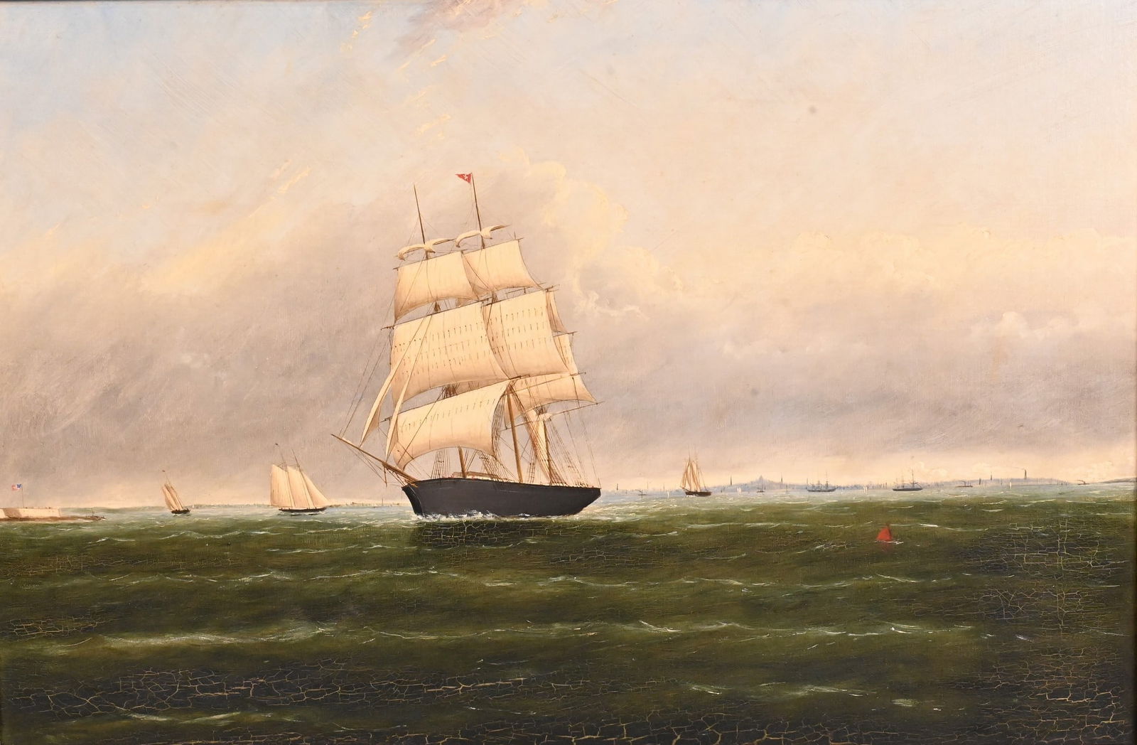 American School (19th Century): American School (19th Century) Marine Scene with Ships Coming to Port, an American Fort to the left and a cityscape in the distance Oil on board Unsigned 20" x 30" Condition: edge ware, craquelure, su