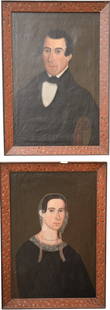 A Pair of Portraits: A Pair of Portraits attributed to American Folk Artist William Matthew Prior (1806 - 1873) circa 1848 "Portrait of a Woman" "By WM Prior 1848" written on the back of the canvas end 30 1/4" x 20 1/4" "