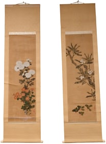 Two Antique Chinese Watercolor on Silk Scrolls