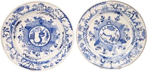 Pair of Chinese Blue and White Deep Porcelain Chargers