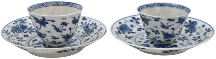 Two Chinese Blue and White Teacups and Saucers