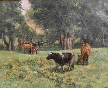Olive Parker Black (American 1868-1948): Olive Parker Black (American 1868-1948) Pastoral Landscape with Cows Grazing Oil on canvas Signed lower right "Olive P. Black" 24" x 30" Condition: surface grime and craquelure