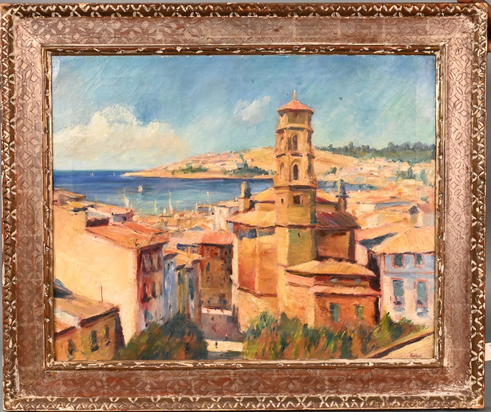 Max Kuehne (German/American 1880-1968): Max Kuehne (German/American 1880-1968) Palma, Mallorca (Spanish Cityscape) 1924 Oil on canvas, carved frame by Max Kuehne Signed lower right "Kuehne" 24" x 30" Provenance: Christies, New York "East" D