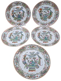 Set of Five Chinese Export Famille Rose Plates Each Centered with Urn
