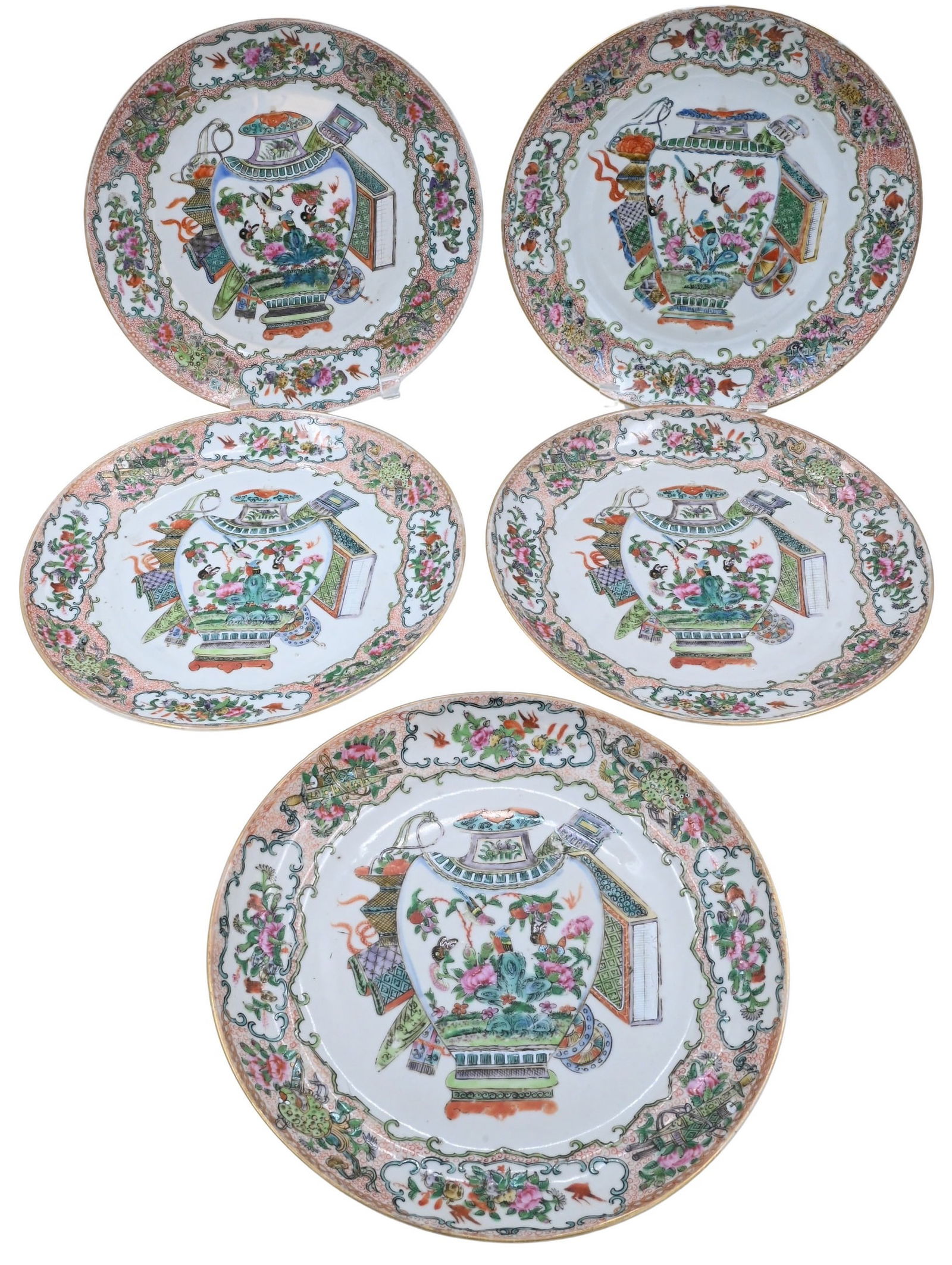 Set of Five Chinese Export Famille Rose Plates Each Centered with Urn (1 of 7)