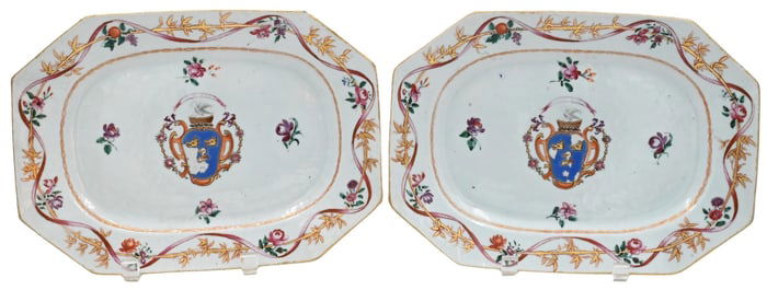 Pair of Famille Rose Chinese Armorial Rectangular Platters