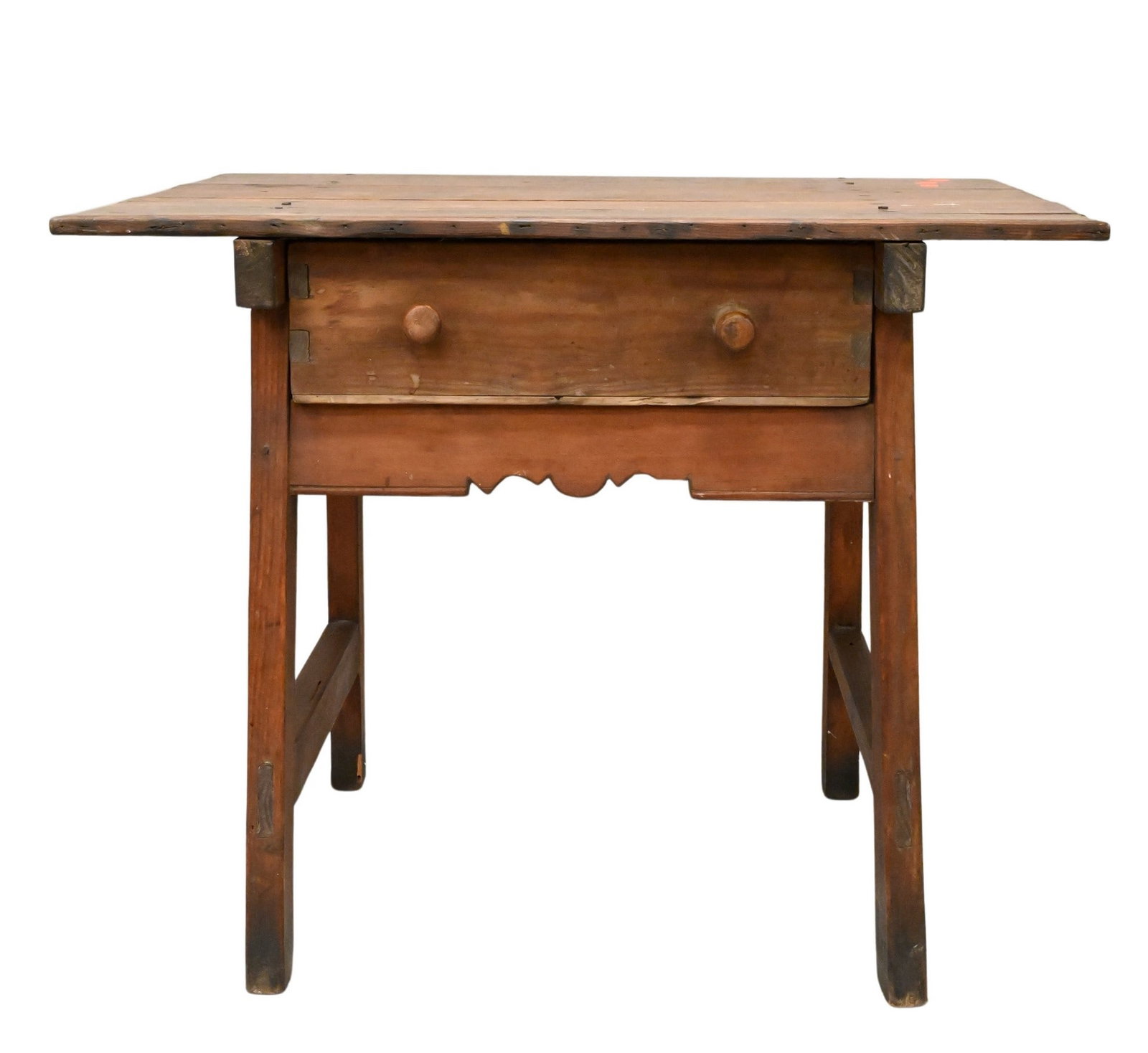 Early Center Table: Early Center Table having dovetail joint drawer and carved skirt probably Canadian, early to mid 18th century height 26 inches