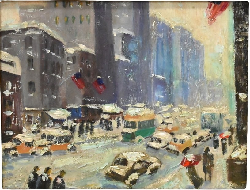 Guy Carleton Wiggins (American 1883-1962): Guy Carleton Wiggins (American 1883-1962) "New York Street Scene" Oil on canvas Signed lower left "Guy Wiggins" 9" x 11" Provenance: Nadeau's Auction Gallery, October 20, 2007 lot 86 ($14,500)