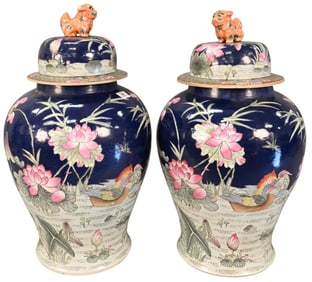 Pair of Chinese Blue Lotus Flower Ginger Jars
