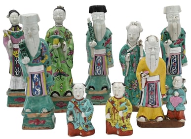 Nine Chinese Polychrome Porcelain Immortals Figures