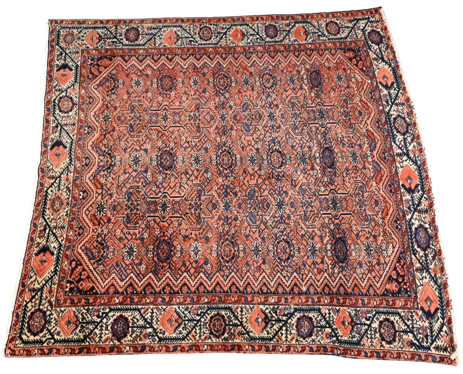 Oriental Throw Rug: Oriental Throw Rug one end border partially missing 5' 4" x 5' 5"