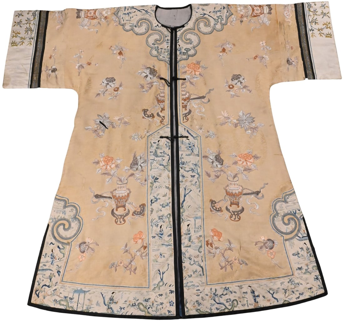 Chinese Silk Embroidered Robe: Chinese Silk Embroidered Robe 18th to 19th century, sun faded front, some splits in silk height 41 inches