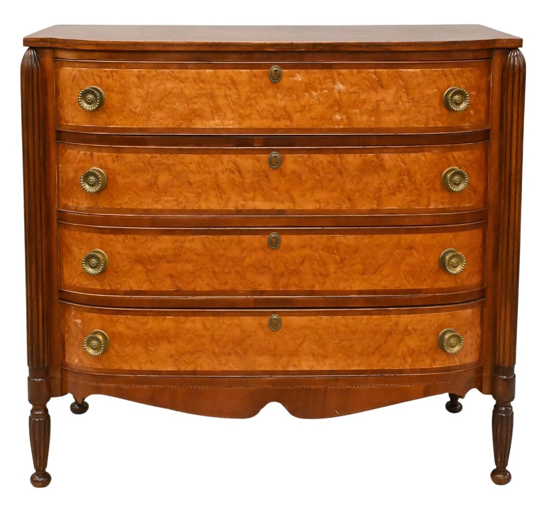 Federal Cherry Chest having D Shaped Top: Federal Cherry Chest having D Shaped Top over conforming drawers of birds eye maple banded with mahogany and embossed brass pulls set on fluted and turned legs circa 1830 height 40 1/2 inches, top 20 