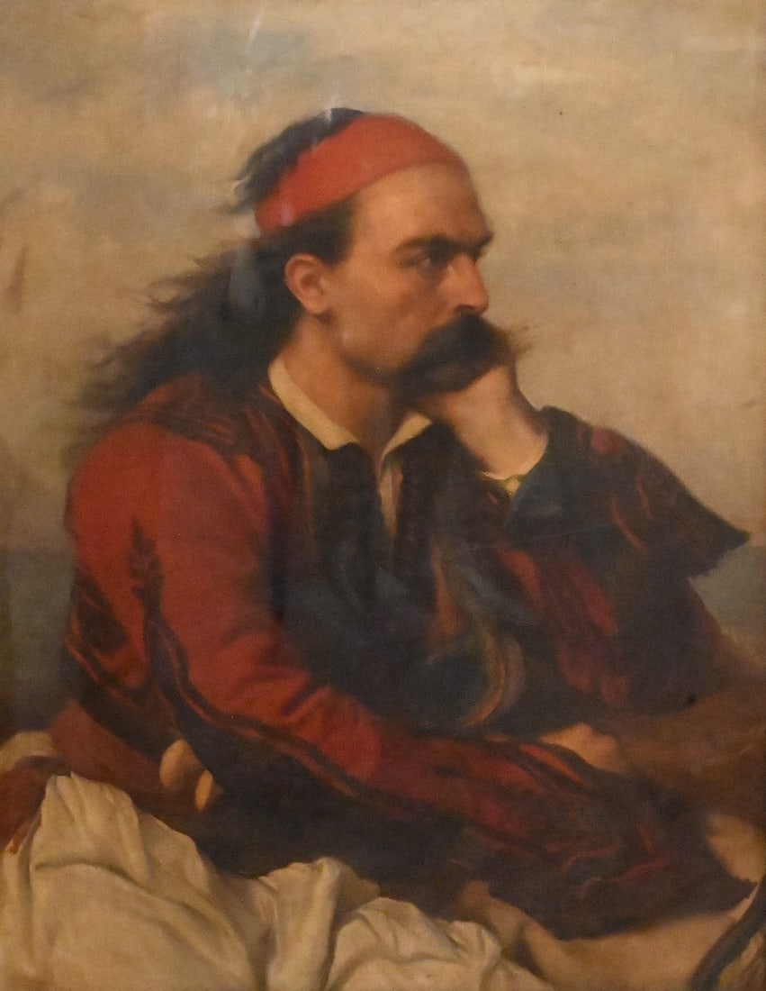 Cesare Felix Georges Dell'acqua (Italian 1821 - 1905): Cesare Felix Georges Dell'acqua (Italian 1821 - 1905) Orientalist Portrait of a Greek Soldier, circa 1860 Possibly depicting Markos Botsaris, a Greek general during the Greek War of Independence from