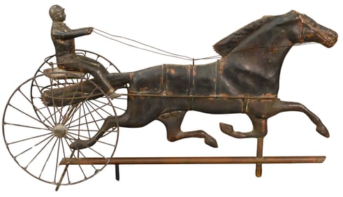 Molded Weathervane Copper Horse and Sulky with Rider