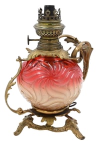 Victorian Cased Amberina Glass and Ormolu Mounted Oil Lamp