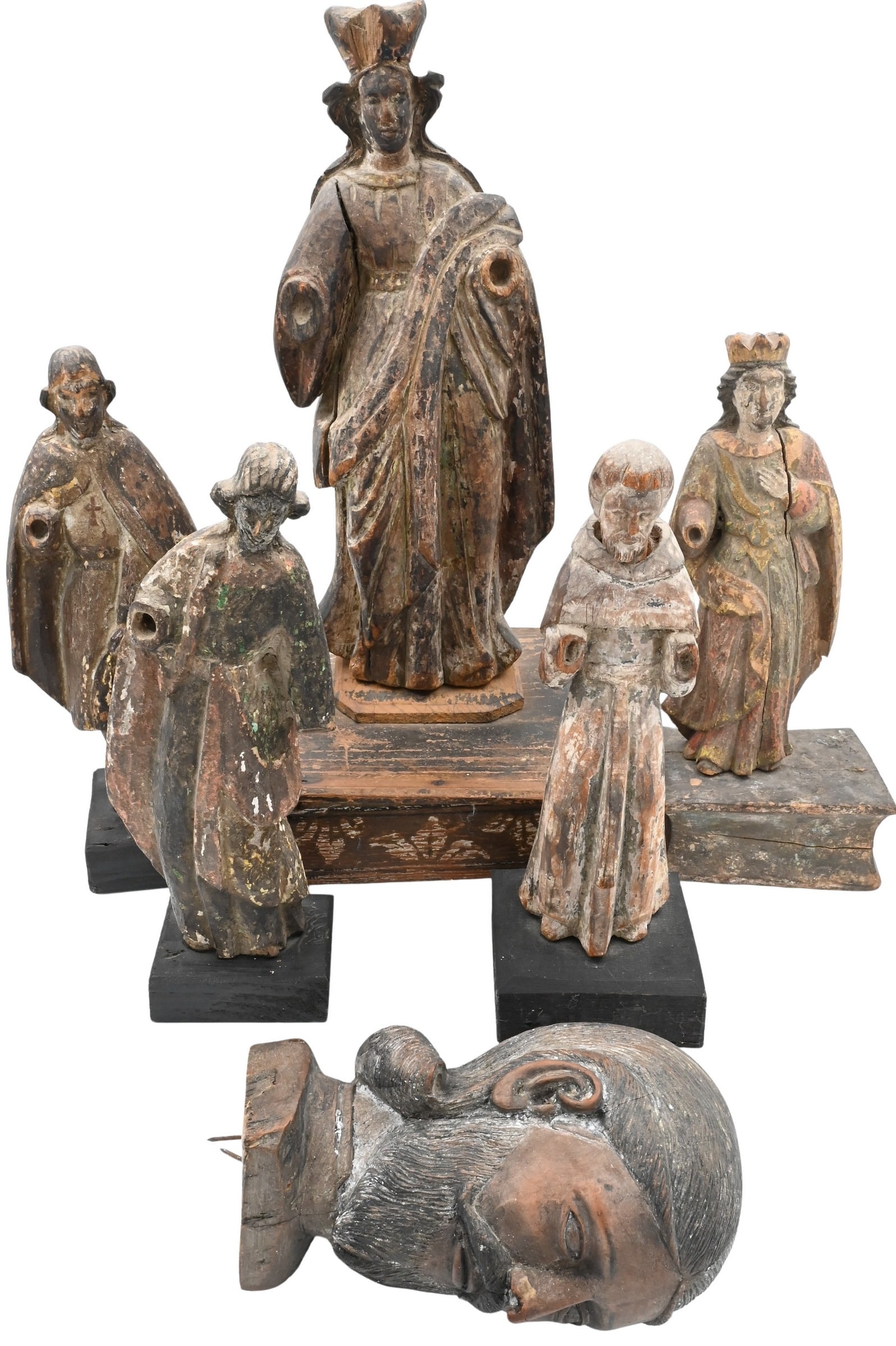 Group of Six Carved and Painted Colonial Religious Figures (1 of 10)