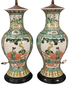 Pair of Chinese Famille Verte Baluster Vases
