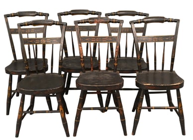 Set of Six Handpainted Plank Seat Side Chairs