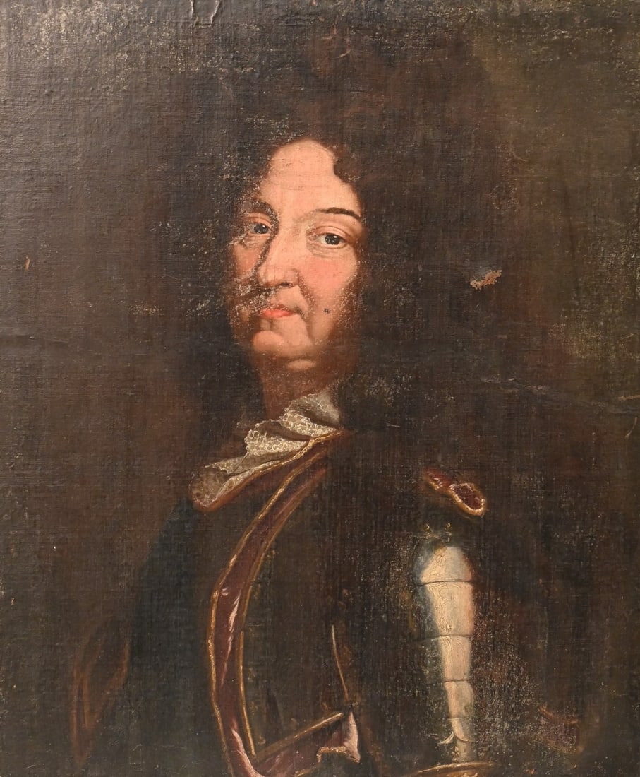 18th Century Portrait of Louis XIV: 18th Century Portrait of Louis XIVHalf length bust Oil on canvas Unsigned28" x 22 1/2" Provenance: from a Beverly Hills, California collectionCondition: relined, surface grime, wear, minor paintloss, 