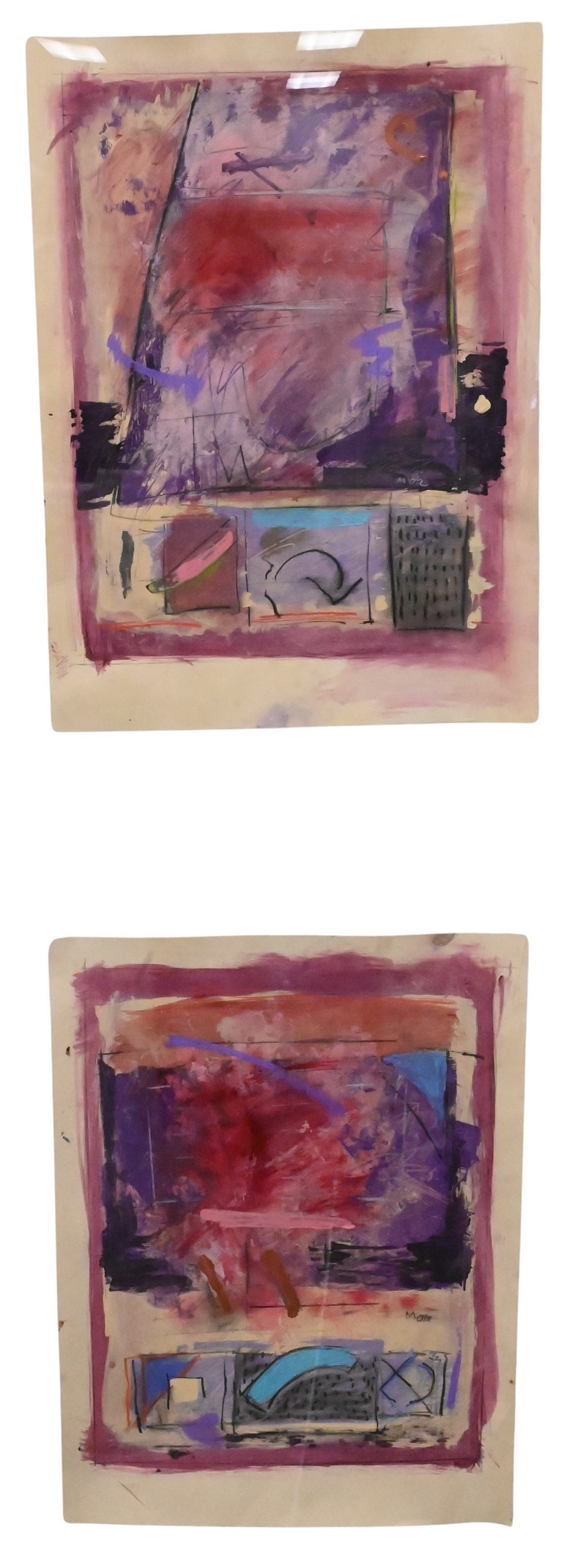 Two: Mota (20th/21st Century): Two: Mota (20th/21st Century) Pink and Purple Abstractions Mixed media, acrylic, pastel on paper Signed lower right Mota 30" x 21"