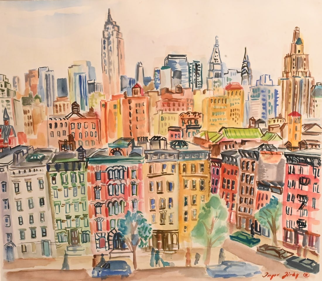 "Inger Jirby (American B.1942): Inger Jirby (American B.1942) "View Uptown, New York City, Empire State Building", circa 1981 Watercolor on paper Signed lower right Inger Jirby 17" x 19"