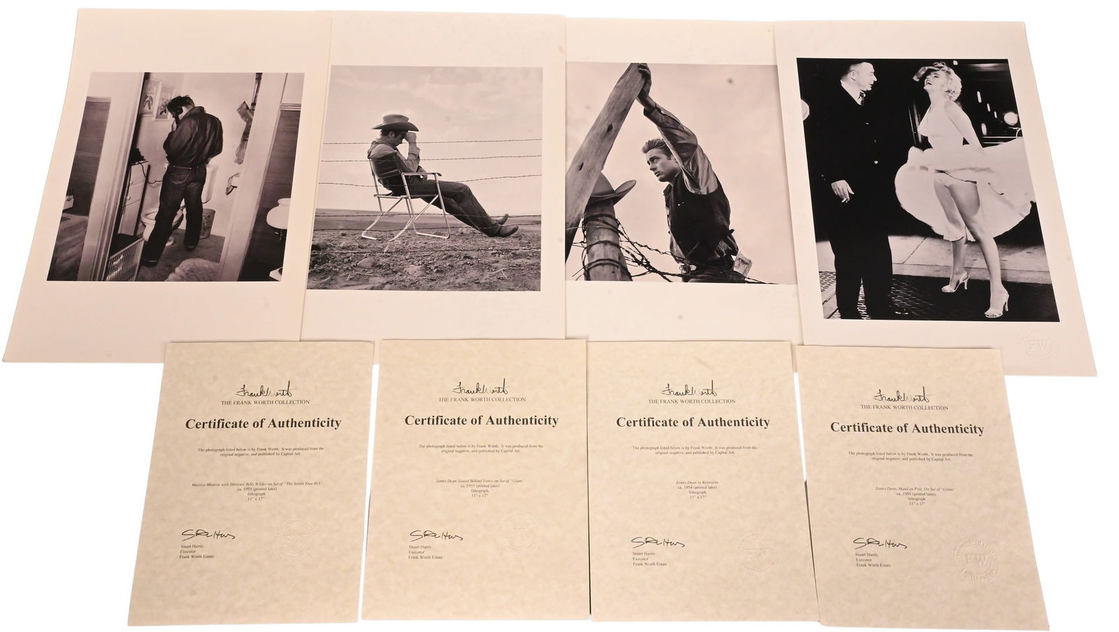 Four: Frank Worth (American 1923-2000): Four: Frank Worth (American 1923-2000) "James Dean, Hand on Post, on set of 'Giant' " circa 1955 "James Dean in Restroom", circa 1954 "Marilyn Monroe with Director Billy Wilder on Set of 'The Seven Ye