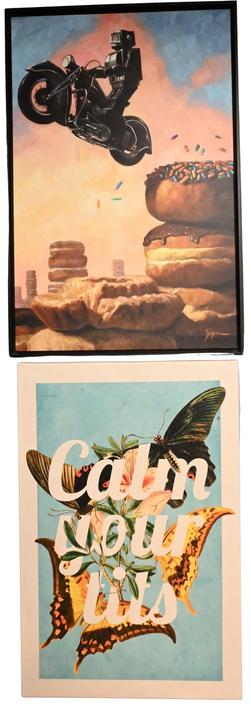 Group of Four Prints: Group of Four Prints 5by5collective, "Oh Hell No" Print on canvas 40" x 26" 5by5collective "Calm Your Tits" Print on canvas 40" x 26" Eric Joyner (b.1959) "Snake Fight" Print on canvas, open edition 4