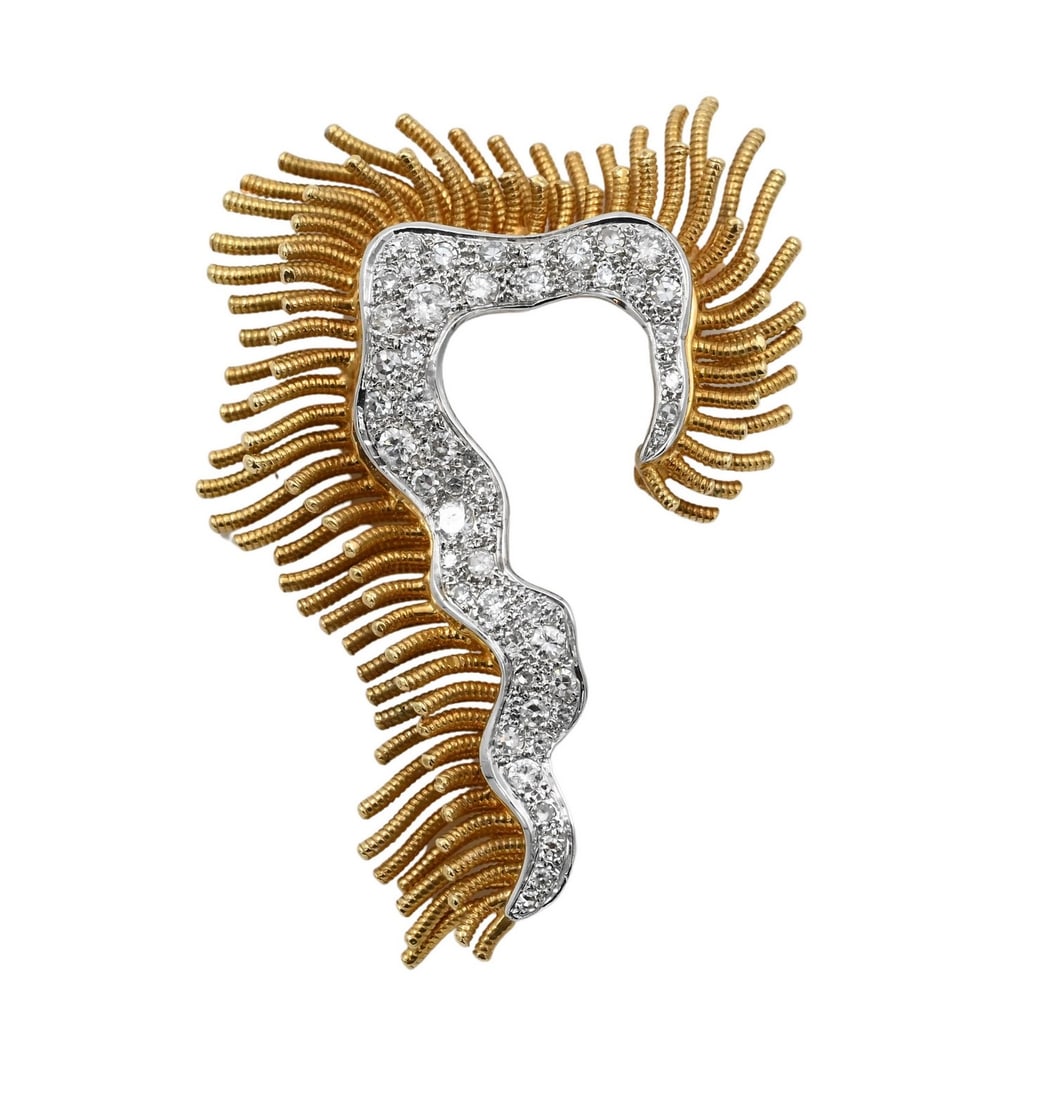 18K Yellow and White Gold Brooch : 18K Yellow and White Gold Brooch set with melee of diamonds height 2 inches, total weight 17 grams Provenance: Estate of Joyce L. August, formerly from Jack August Restaurant in Northampton, Massachus