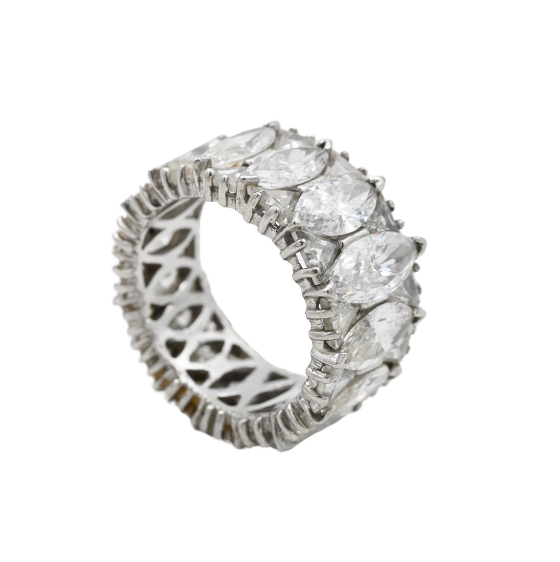 Platinum and Diamond Channel Band Ring: Platinum and Diamond Channel Band Ring having 15 tapered marquise diamonds approximately 6.3 carats total, and 30 triangle cut diamonds approximately 3.6 carats total weight 11 grams, size 5