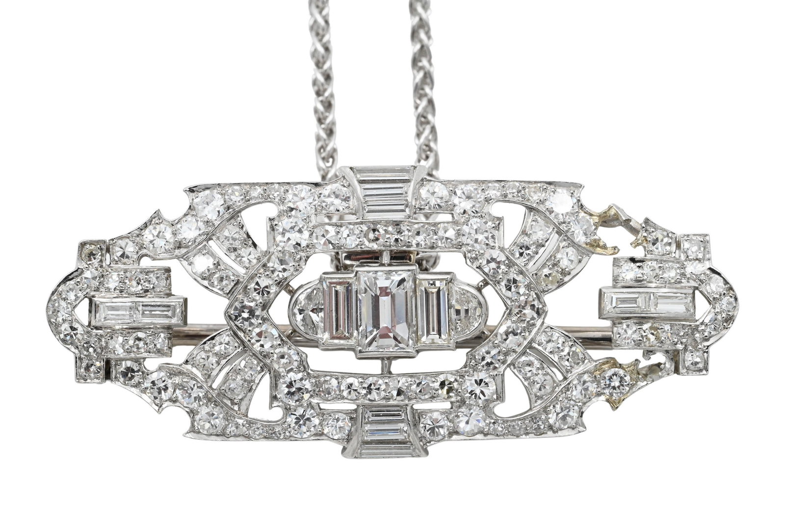 Platinum and Diamond Art Deco Brooch/Pendant: Platinum and Diamond Art Deco Brooch/Pendant set with baguette and round cut diamonds, along with a 14K white gold necklace and a silk necklace with 14K white gold clasp (brooch broken and missing dia